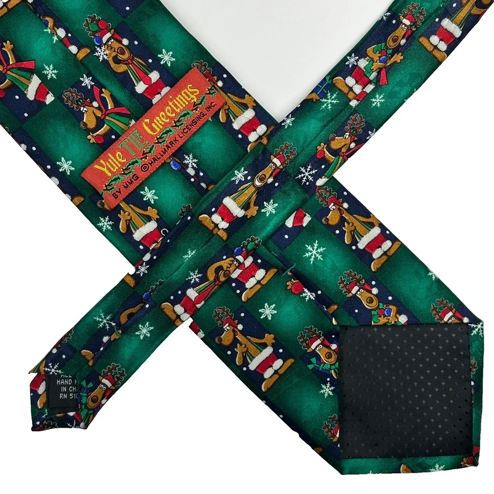 Yule Tie Greetings Silk Hand Made Men's Necktie‎ Holiday Party Festive Reindeer